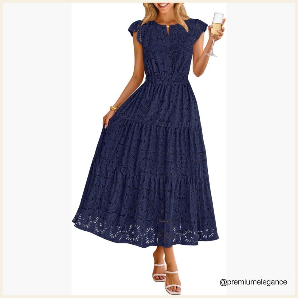 Lace Eyelet Maxi Dress Flutter Sleeve Tiered Flowy Boho Casual Summer